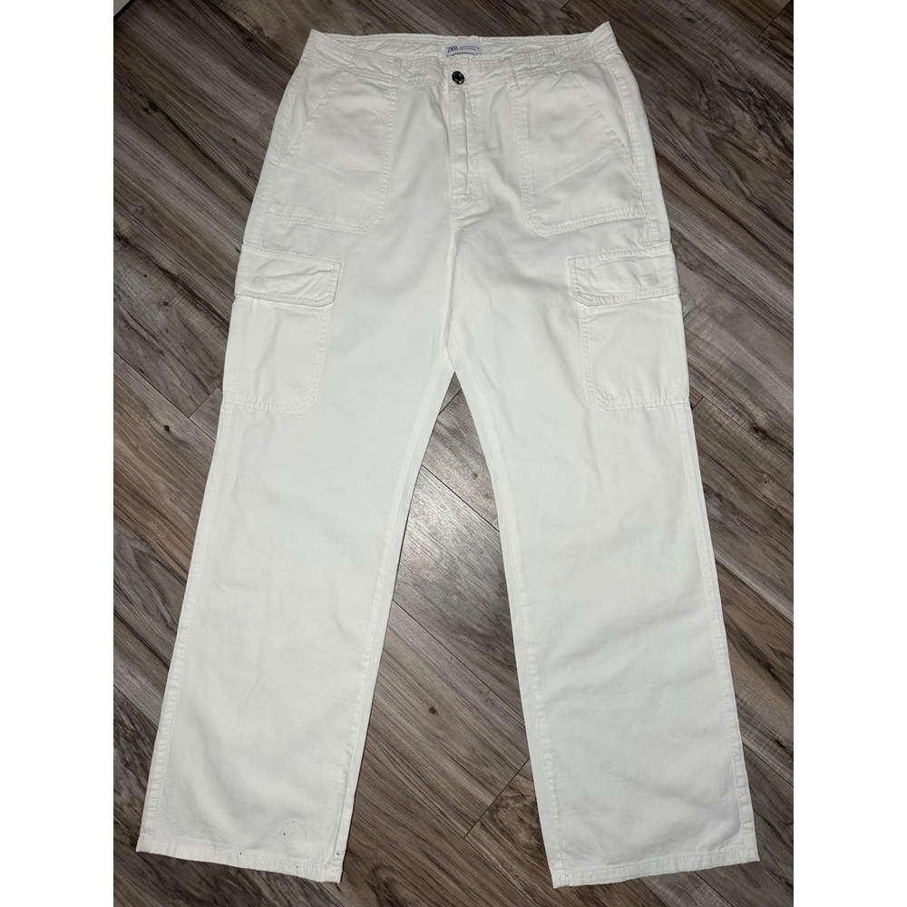 Zara Women's White High Waisted Cargo Pants Wide Leg Utility Trousers Size 12